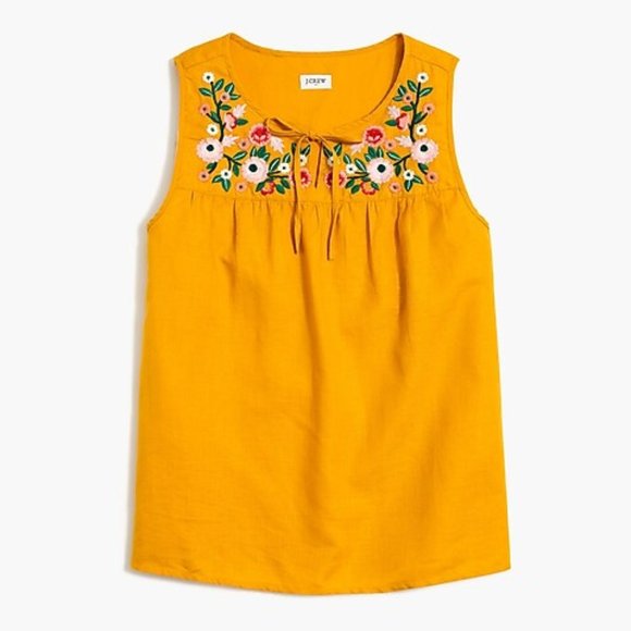 J. Crew Factory Tops - J Crew Embroidered tie neck top in linen-cotton